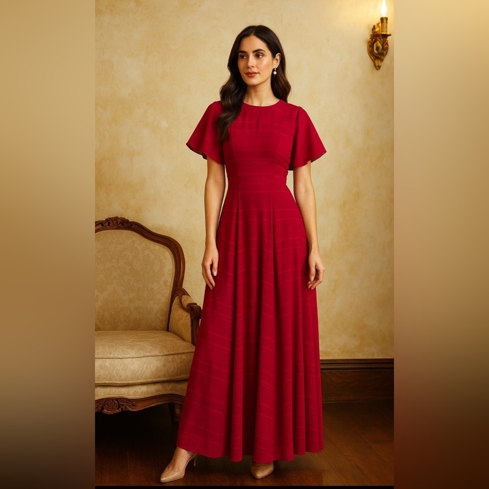 Pearl Red Maxi Dress with Flared Sleeves - Picture 1 of 9